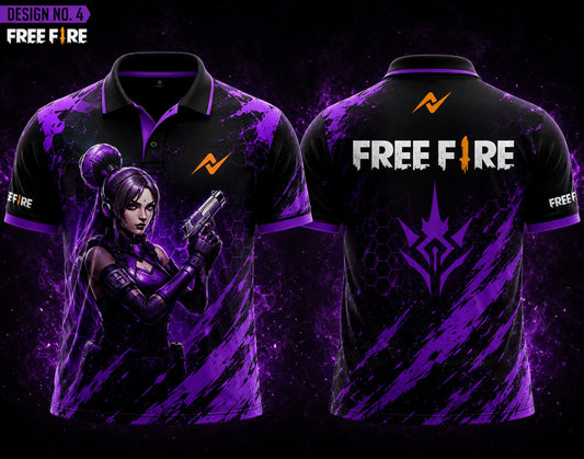 Front and back view of Free Fire Theme Polo Collar Esports Jersey Design No.4 featuring a black and purple Phantom Queen gaming design with premium sublimation printing.