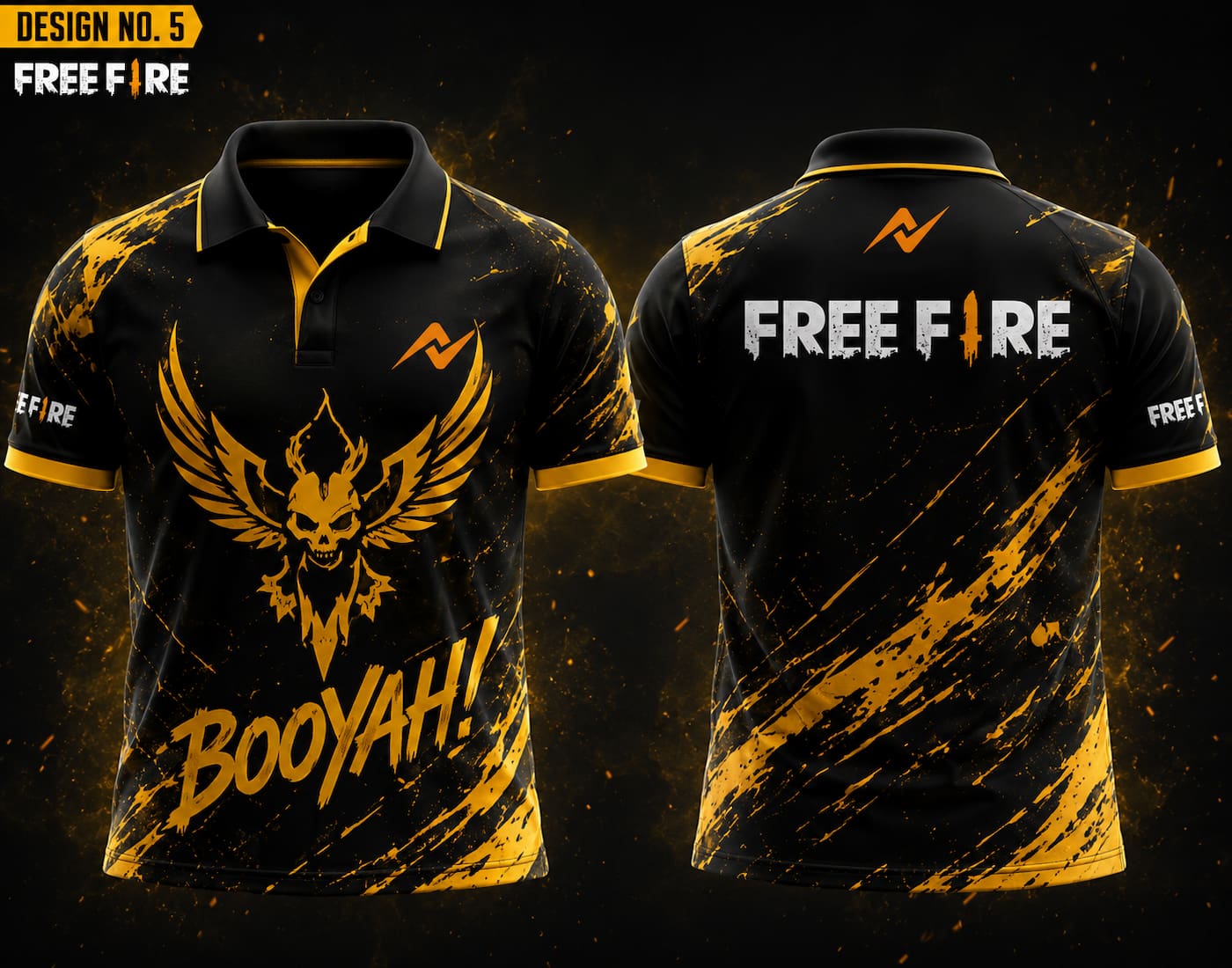 Front and back view of Free Fire Theme Polo Collar Esports Jersey Design No.5 featuring a black and gold Booyah Phoenix gaming design with premium sublimation printing.