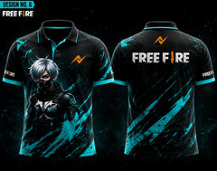 Front and back view of Free Fire Theme Polo Collar Esports Jersey Design No.6 featuring a black and cyan Frost Phantom gaming design with premium sublimation printing.