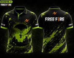 Front and back view of Free Fire Theme Polo Collar Esports Jersey Design No.8 featuring a black and neon green Battle Drop gaming design with premium sublimation printing.