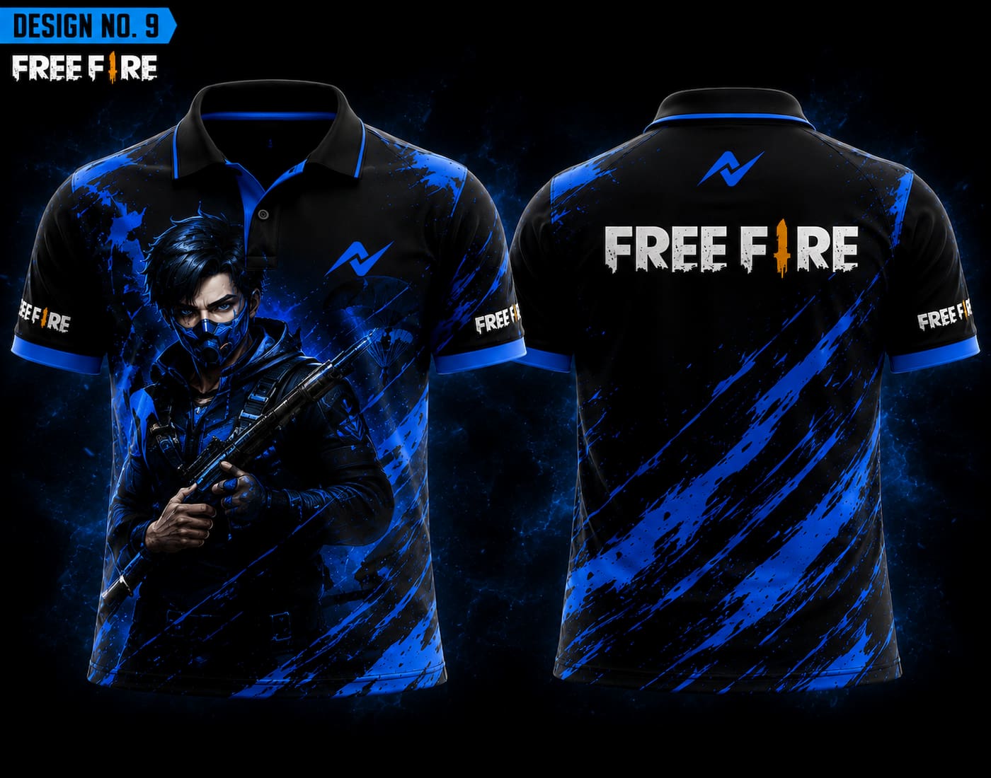 Front and back view of Free Fire Theme Polo Collar Esports Jersey Design No.9 featuring a black and electric blue Shadow Strike gaming design with premium sublimation printing.