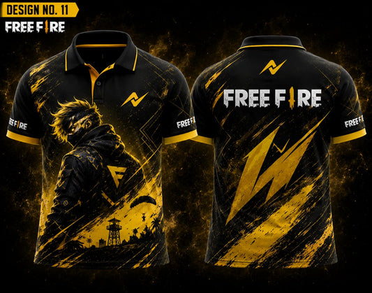 Front and back view of Free Fire Theme Polo Collar Esports Jersey Design No.11 featuring a black and gold Thunder Phantom gaming design with premium sublimation printing.