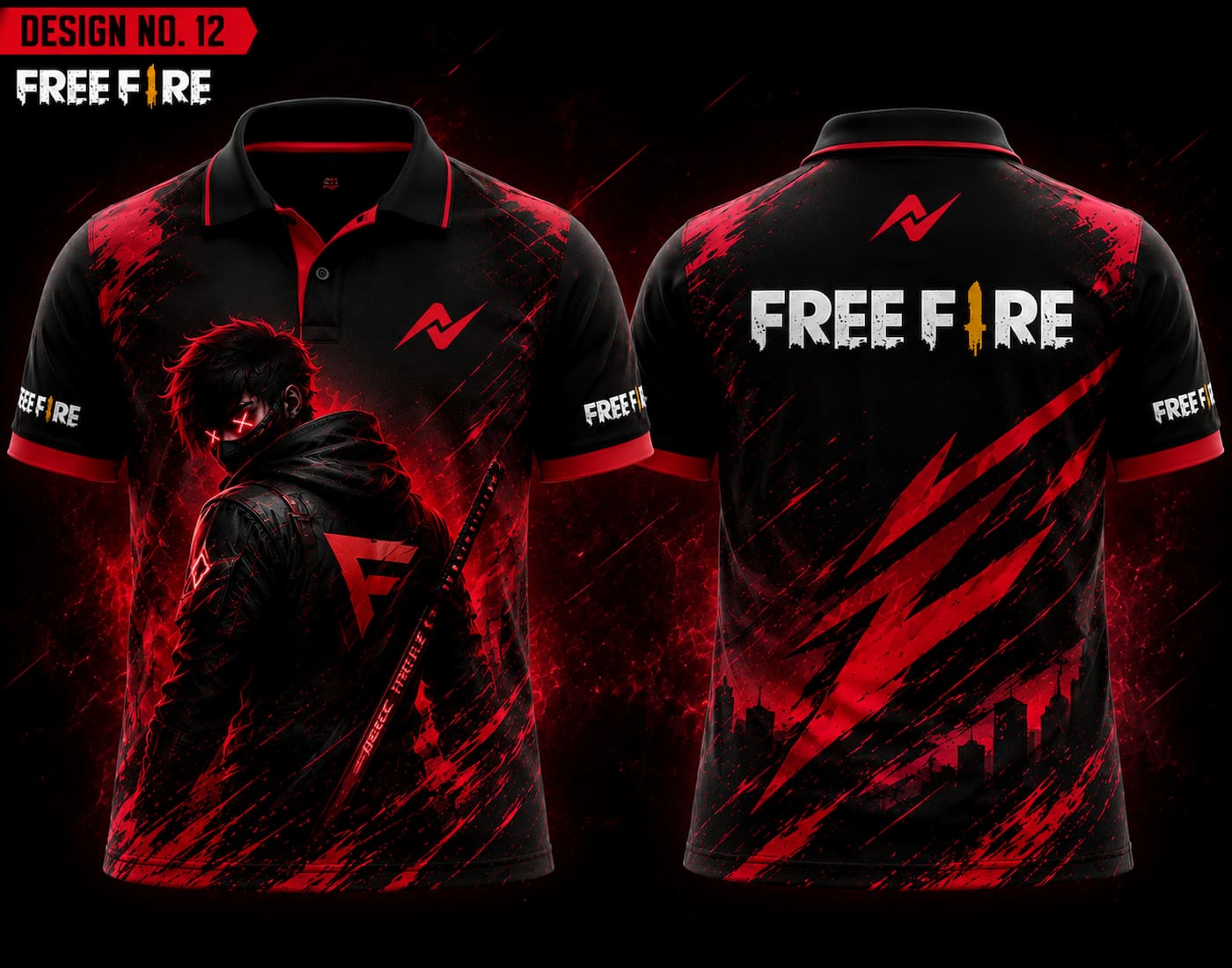 Front and back view of Free Fire Theme Polo Collar Esports Jersey Design No.12 featuring a black and crimson red Crimson Shadow gaming design with premium sublimation printing.