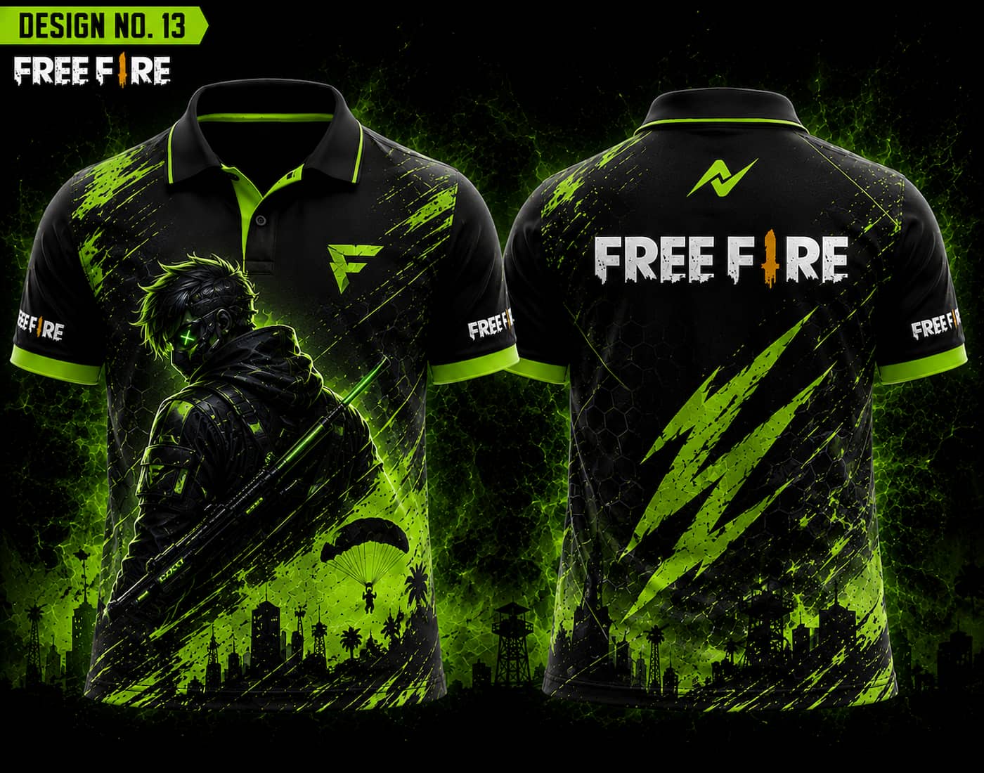 Front and back view of Free Fire Theme Polo Collar Esports Jersey Design No.13 featuring a black and neon green Toxic Storm gaming design with premium sublimation printing.
