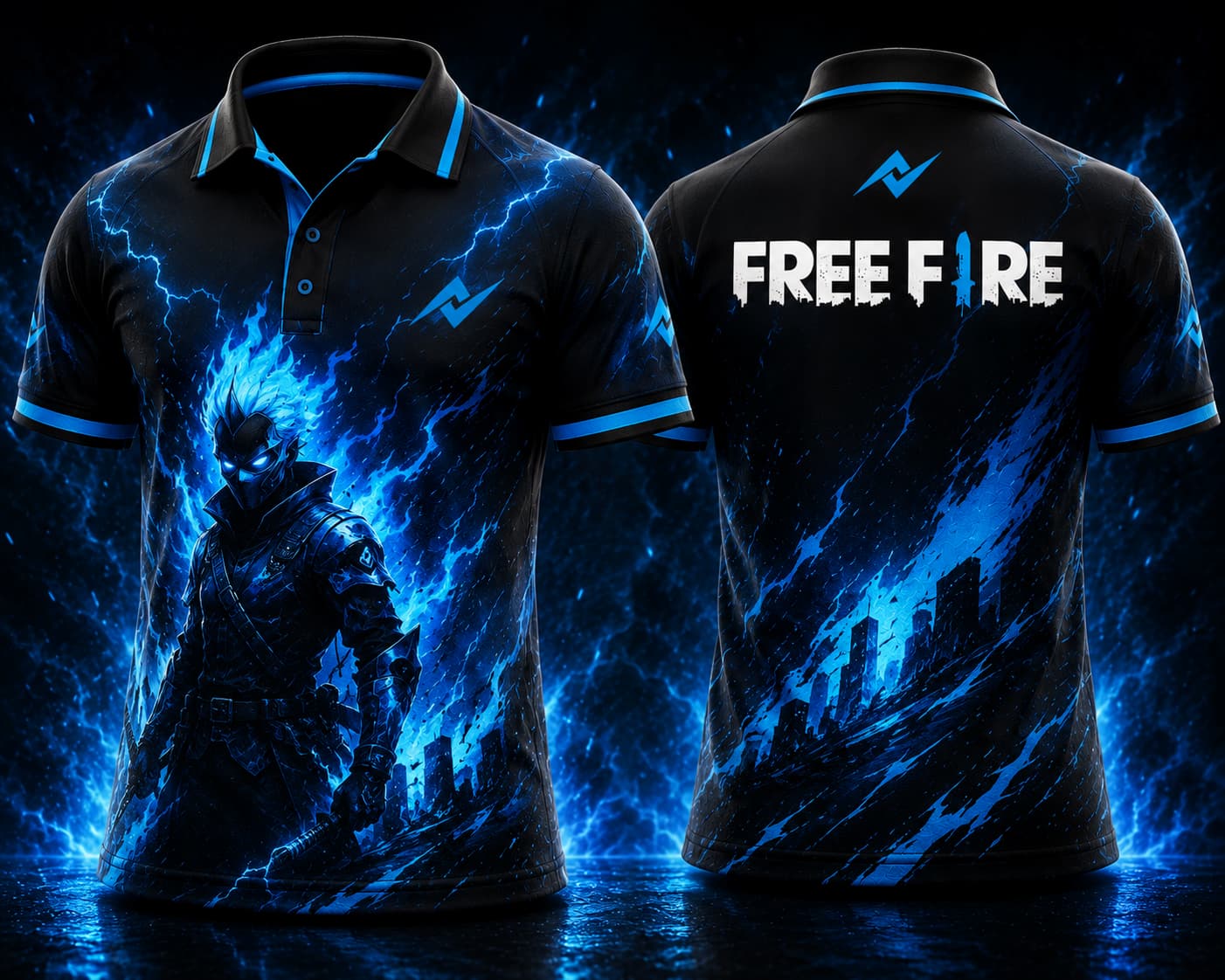 Front and back view of Free Fire Thunder Phantom blue and black polo collar esports jersey with chest logo and back neck logo placement.