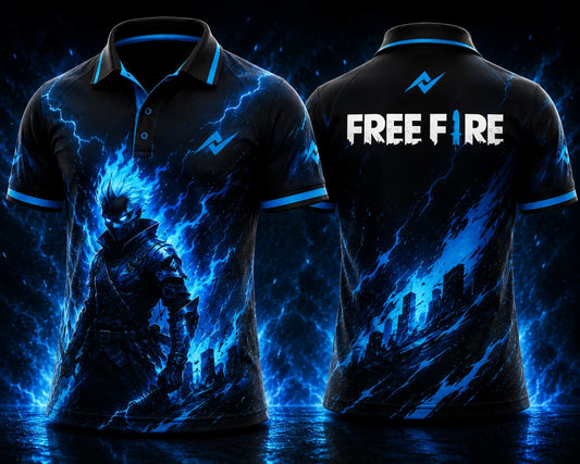 Front and back view of Free Fire Thunder Phantom blue and black polo collar esports jersey with chest logo and back neck logo placement.