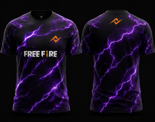 Front and back view of Free Fire Thunder Storm black and purple round neck esports jersey featuring purple lightning graphics with side chest logo and lower back neck branding.