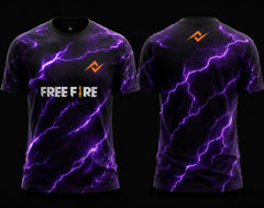 Front and back view of Free Fire Thunder Storm black and purple round neck esports jersey featuring purple lightning graphics with side chest logo and lower back neck branding.