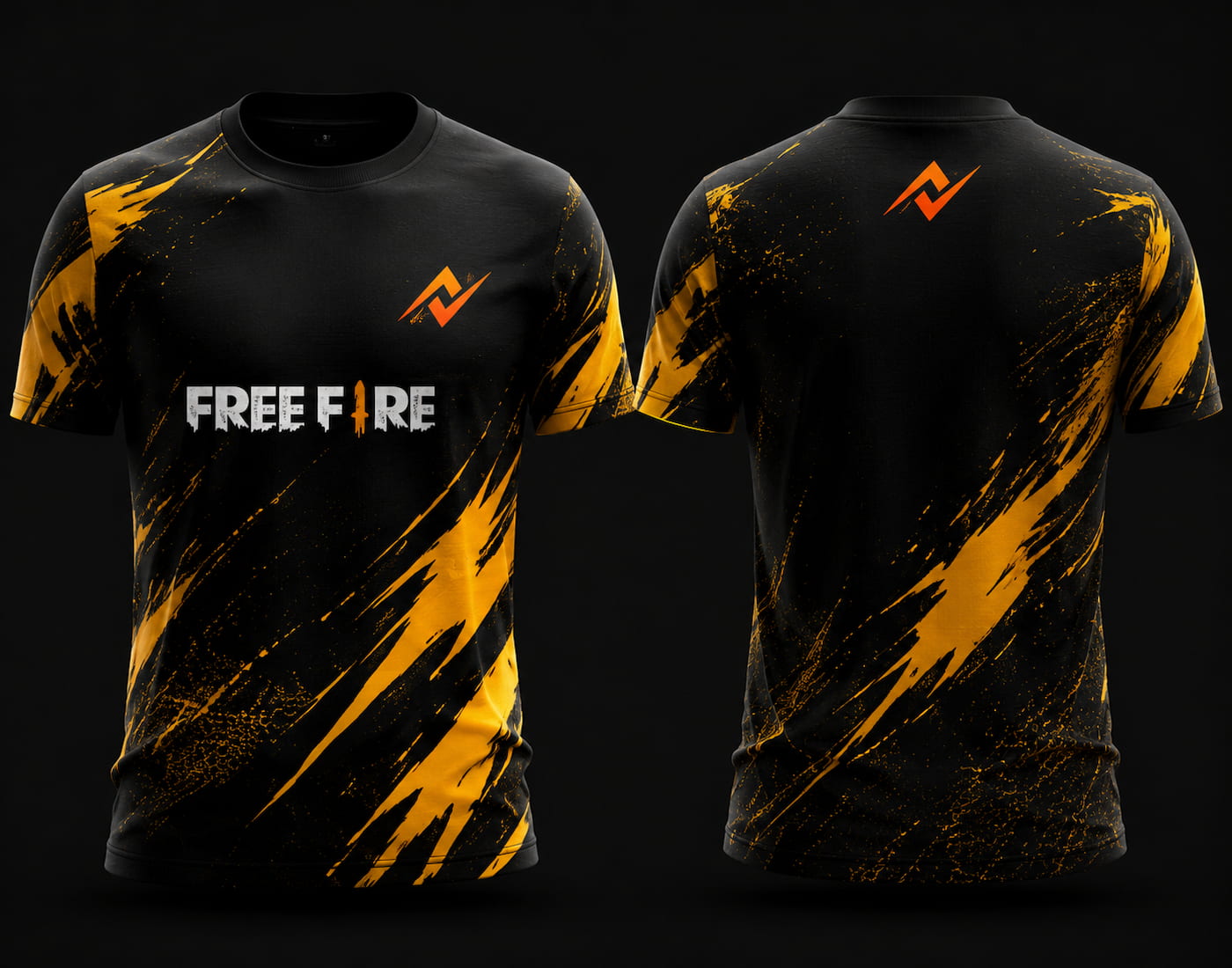 Front and back view of Free Fire Thunder Strike black and yellow round neck esports jersey featuring lightning-inspired graphics with side chest logo and lower back neck branding.