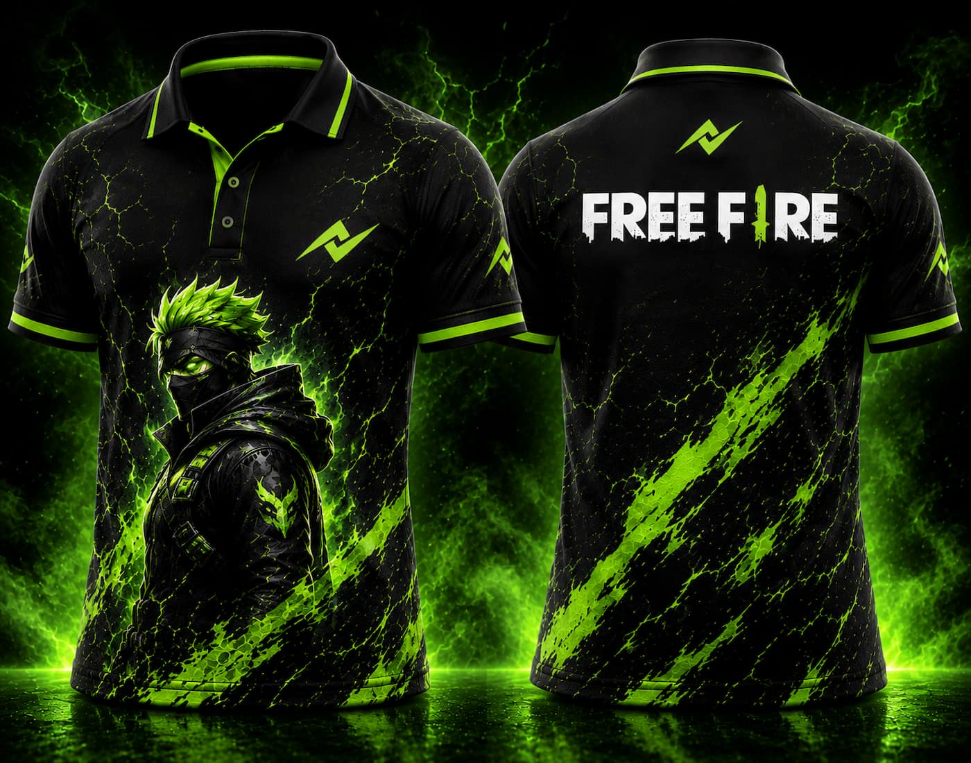 Front and back view of Free Fire Toxic Shadow Green polo collar esports jersey featuring neon green graphics with logo on chest and below back neck.
