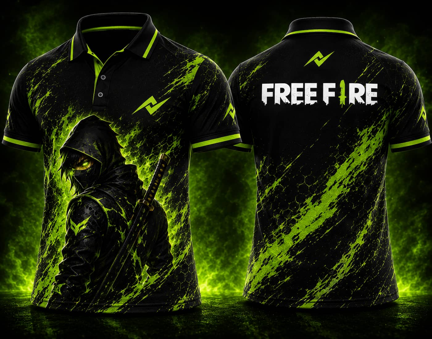 Front and back view of Free Fire Toxic Shadow black and neon green polo collar esports jersey with front chest logo and back neck logo placement.