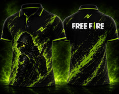 Front and back view of Free Fire Toxic Shadow black and neon green polo collar esports jersey with front chest logo and back neck logo placement.