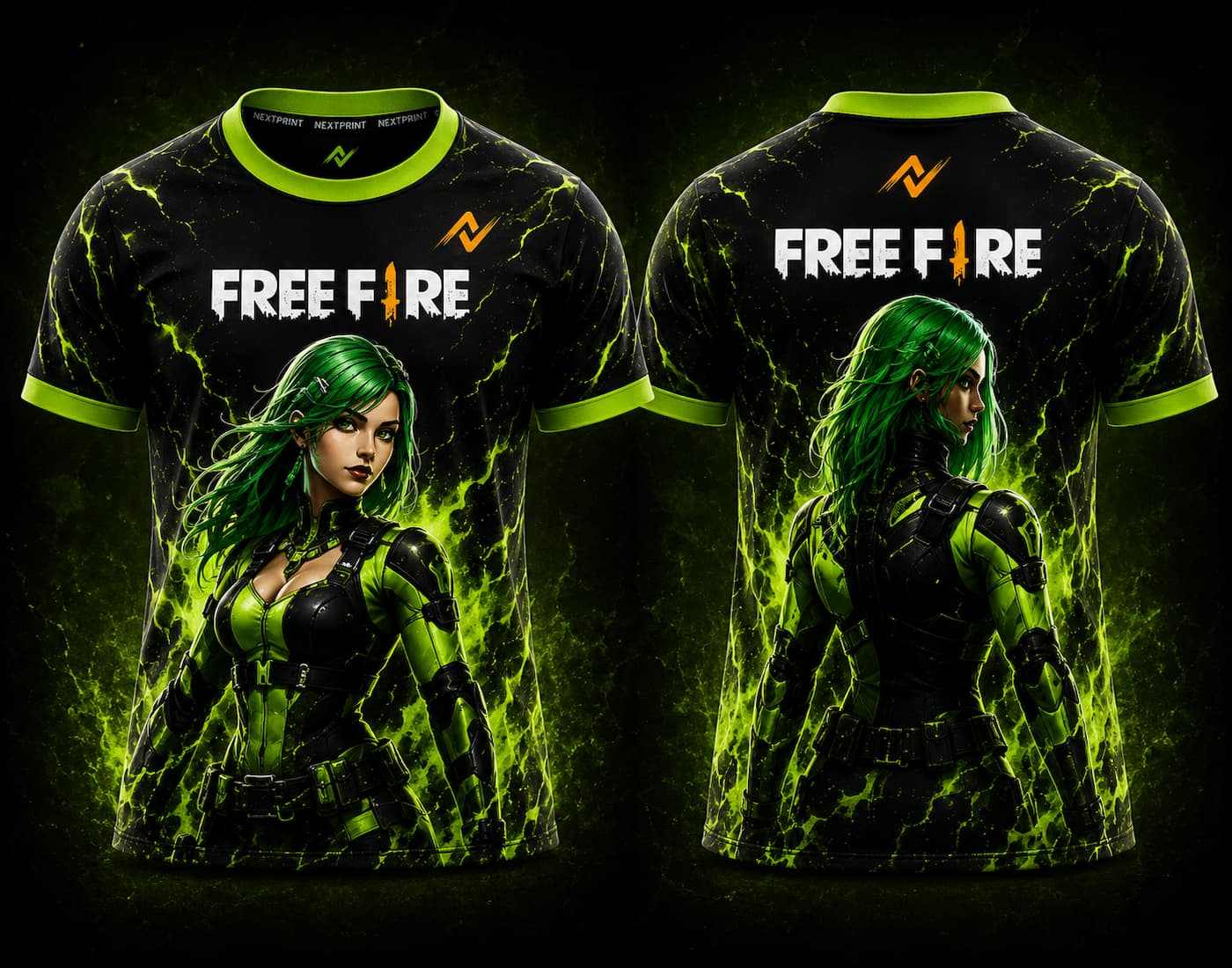 Front and back view of Free Fire Toxic Viper Queen esports jersey featuring a futuristic green-haired female warrior with neon green energy effects and NextPrint logo placement.