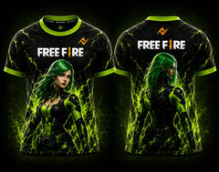 Front and back view of Free Fire Toxic Viper Queen esports jersey featuring a futuristic green-haired female warrior with neon green energy effects and NextPrint logo placement.