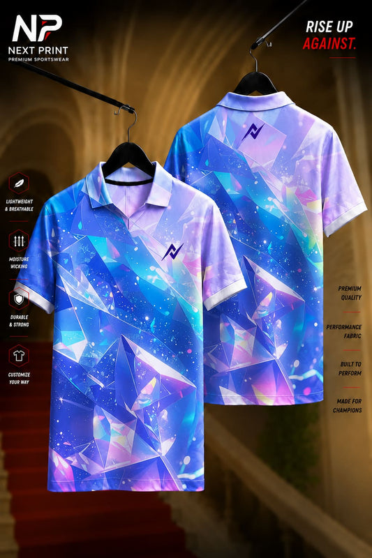 Blue and purple crystal prism pattern polo sports jersey with front and back views, premium dry-fit performance team wear.