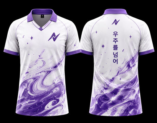 Galaxy Wave white and purple K-Pop polo collar esports jersey front and back view with galaxy swirl design