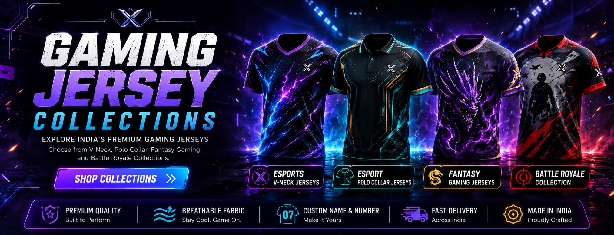 Gaming Jersey Collections mobile homepage banner featuring Esports V-Neck Jerseys, Esport Polo Collar Jerseys, Fantasy Gaming Jerseys, and Battle Royale Collection by NextPrint.