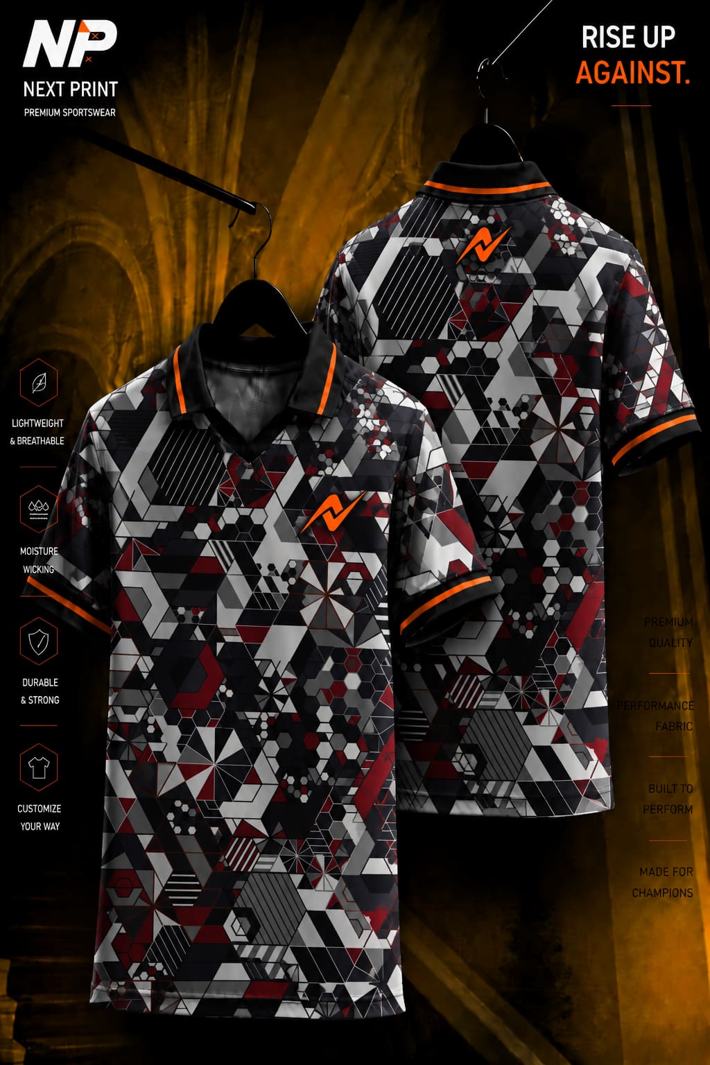 Front and back view of a geometric black, grey, white, and red polo sports jersey featuring hexagon patterns on premium dry-fit performance fabric.