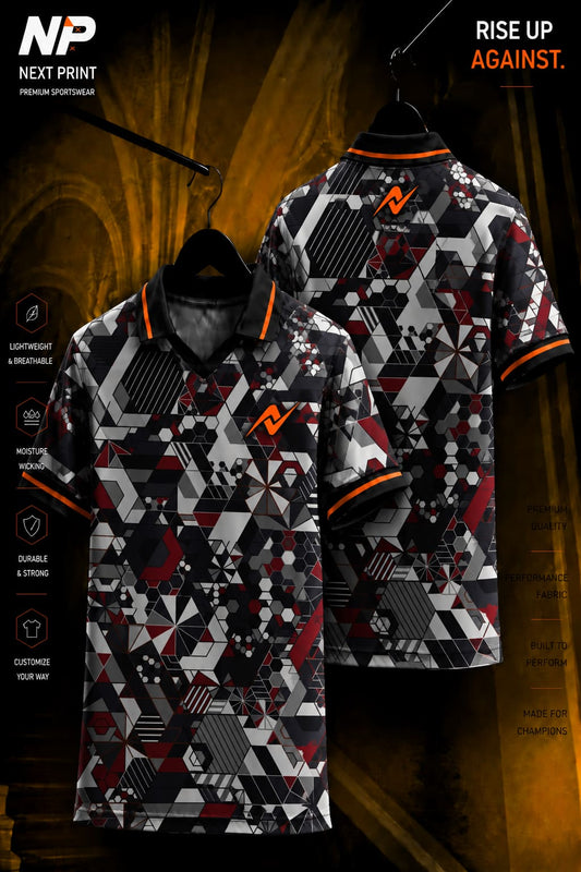 Front and back view of a geometric black, grey, white, and red polo sports jersey featuring hexagon patterns on premium dry-fit performance fabric.
