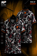 Front and back view of a geometric black, grey, white, and red polo sports jersey featuring hexagon patterns on premium dry-fit performance fabric.