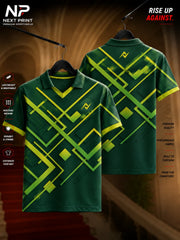 Green geometric line pattern custom performance polo sports jersey with front and back views for cricket, football, and team sports.