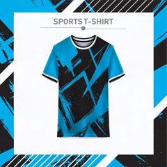 Geometric blue and black dry fit sports t-shirt front view
