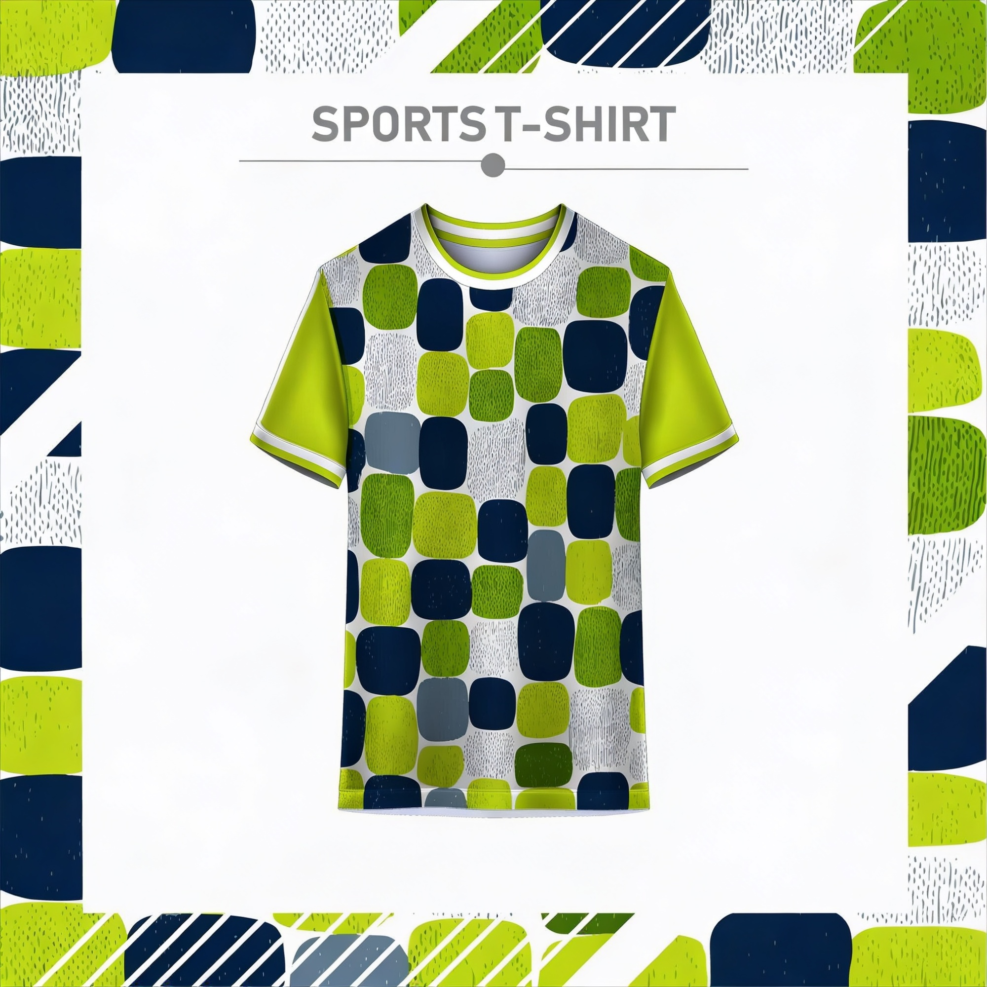 Geometric blue and green sports t-shirt front view for men