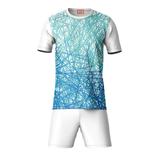 Geometric blue pattern sports t-shirt with white shorts co-ord set front view