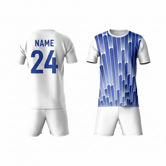 Geometric blue sports t-shirt with white shorts back view for men