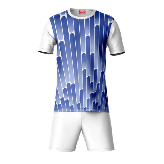 Geometric blue sports t-shirt with white shorts coord set front view for men