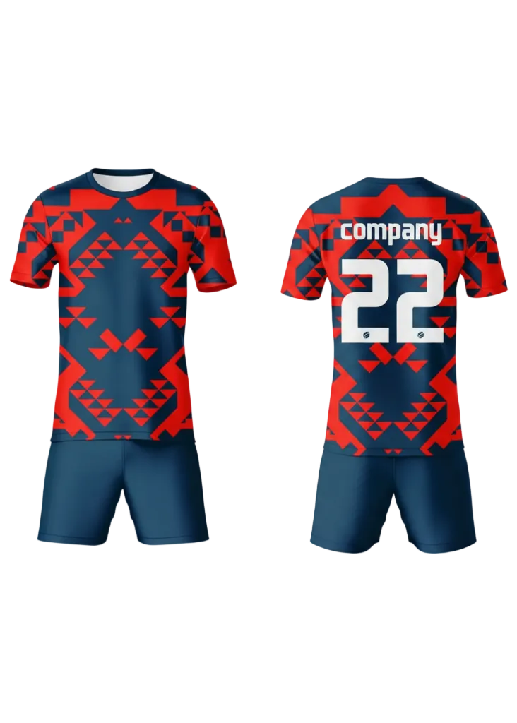 Red and blue geometric custom sports jersey with matching shorts for cricket, football and volleyball team uniform sublimation printing front and back view.
