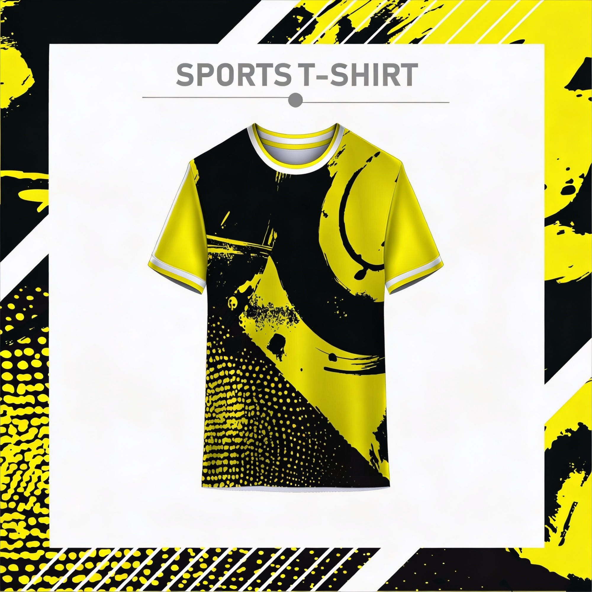 Geometric yellow and black dry fit sports t-shirt front view