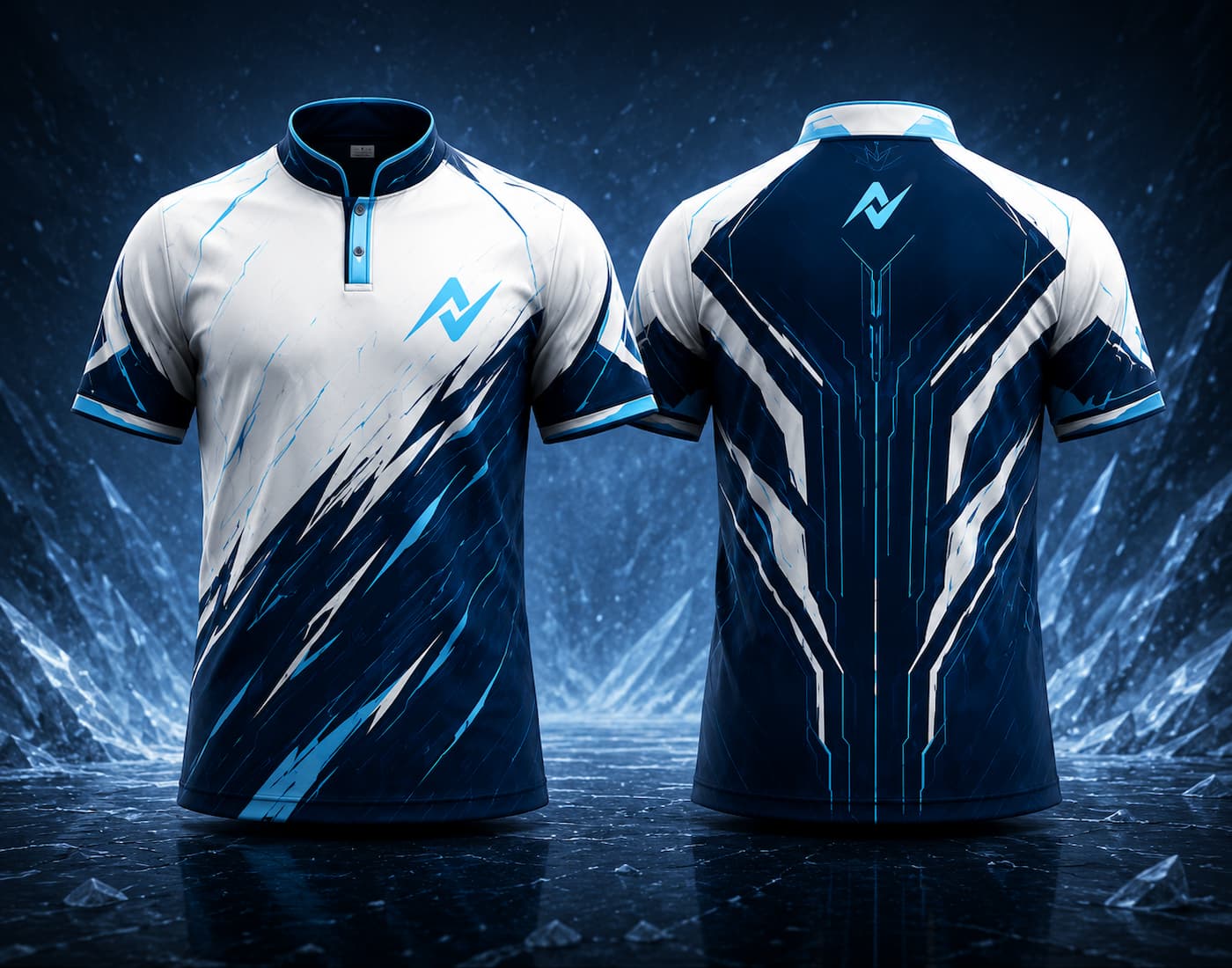 Front and back view of a white and navy blue Chinese collar esports jersey featuring ice-inspired graphics, futuristic back panel design, and premium sublimation printing.