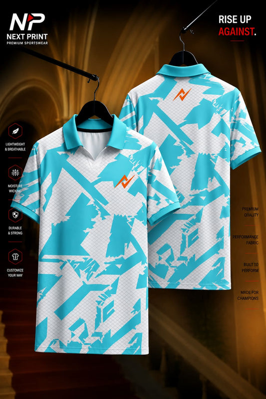 White polo sports jersey with aqua blue abstract brushstroke graphics shown in front and back views, made from premium dry-fit performance fabric.