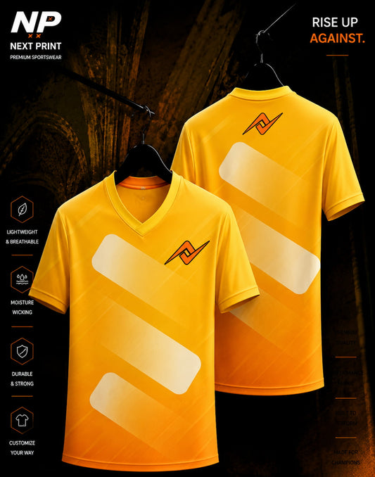 Golden Blaze yellow and orange geometric sublimation V-neck sports jersey by Next Print with front and back view