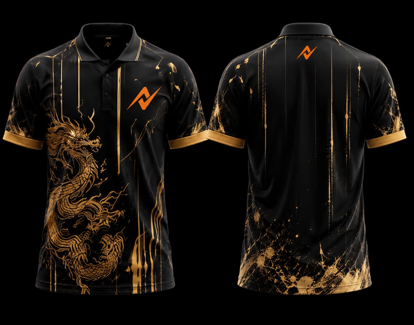 Front and back view of a black and gold Golden Dragon K-Pop jersey featuring an elegant dragon illustration with chest logo and back neck logo