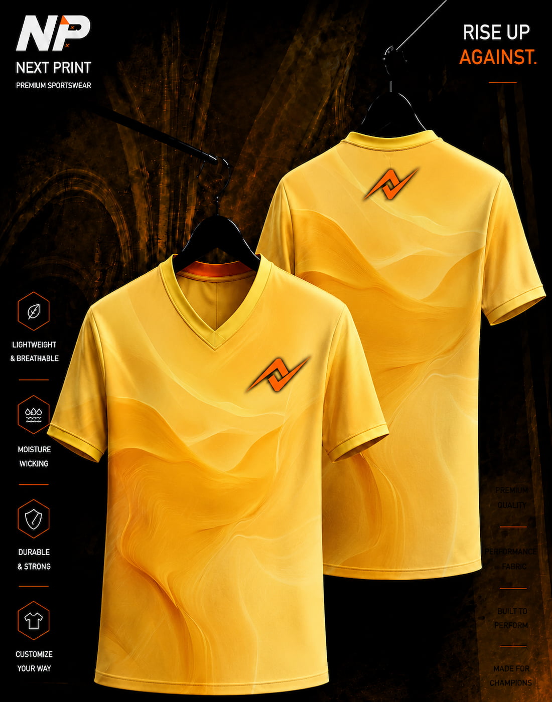 Golden Flow abstract yellow sublimation V-neck sports jersey front and back by Next Print