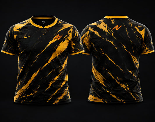 Front and back view of Golden Fury premium esports jersey featuring black and gold graphics, round neck collar, and professional gaming apparel styling.