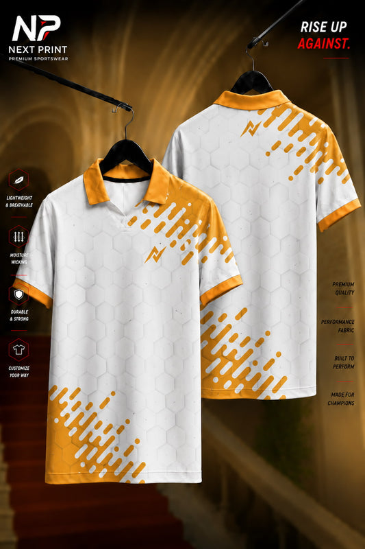 White polo sports jersey with golden geometric accents and subtle honeycomb hexagon pattern shown in front and back views.