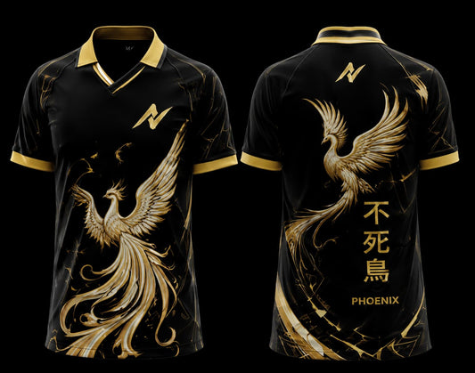 Golden Phoenix black and gold K-Pop polo collar esports jersey front and back with luxury phoenix artwork