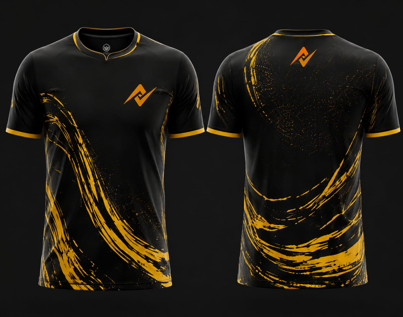 Front and back view of Golden Storm Free Fire esports jersey featuring black and gold brush-stroke graphics, round neck collar, and orange logo placement on chest and upper back neck.