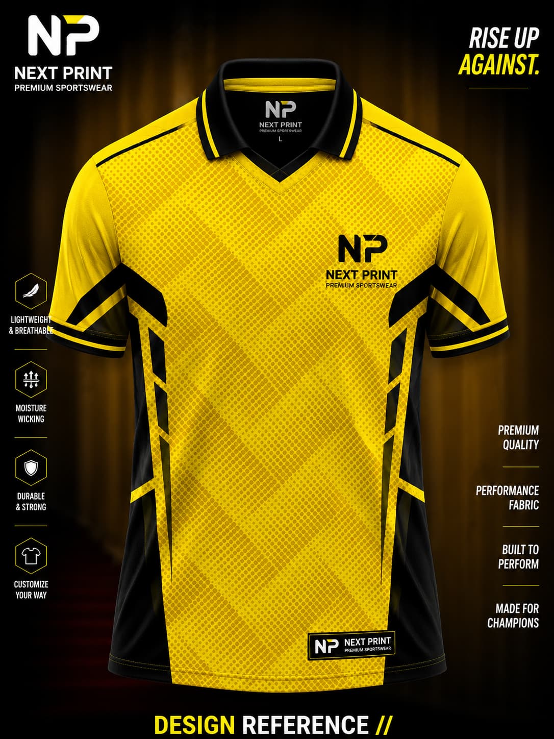 Yellow and black premium polo sports jersey featuring geometric graphics made from lightweight dry-fit performance fabric.