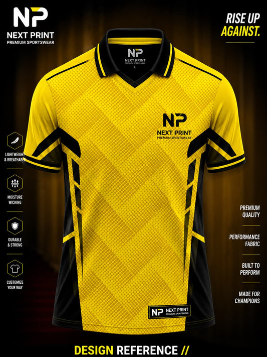 Yellow and black premium polo sports jersey featuring geometric graphics made from lightweight dry-fit performance fabric.