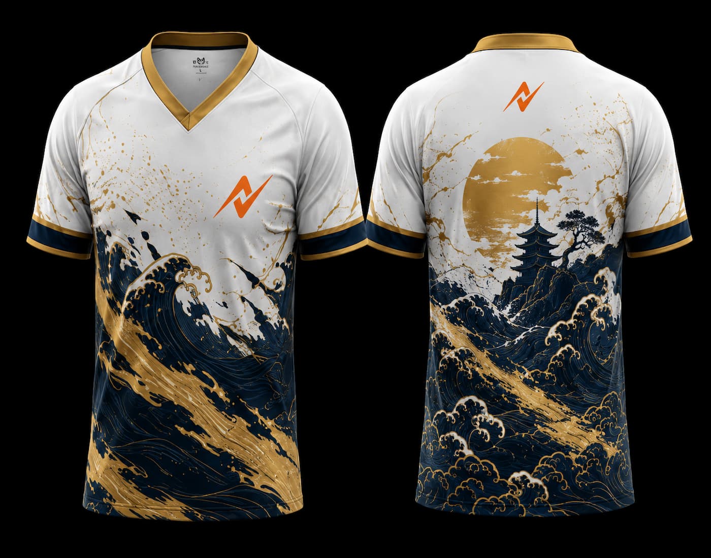 Front and back view of a white V-neck esports jersey featuring gold and navy Japanese wave artwork with a pagoda landscape on the back and an orange logo on the chest and upper back.
