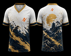 Front and back view of a white V-neck esports jersey featuring gold and navy Japanese wave artwork with a pagoda landscape on the back and an orange logo on the chest and upper back.
