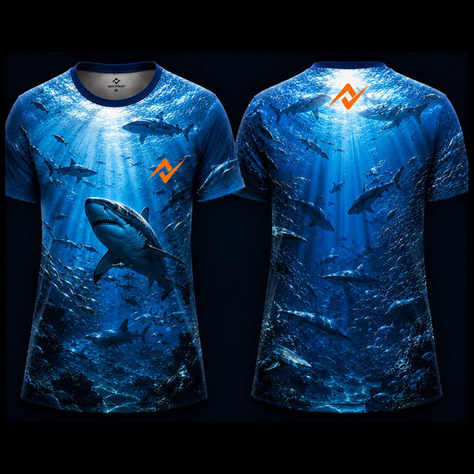 Great White Shark Ocean Round Neck Sublimation Sports Jersey featuring realistic underwater shark artwork with marine life, front and back view by Next Print.