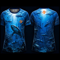 Great White Shark Ocean Round Neck Sublimation Sports Jersey featuring realistic underwater shark artwork with marine life, front and back view by Next Print.