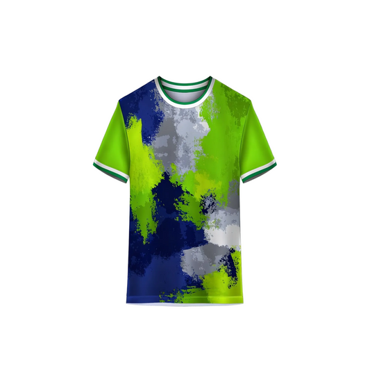 Green custom sports jersey for men with abstract design, dry fit fabric, sublimation print, ideal for cricket teams and athletic wear.