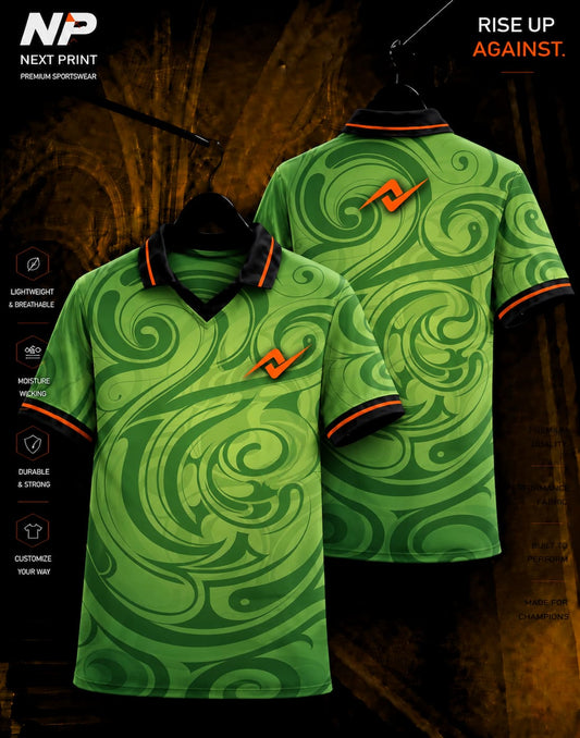 Green abstract swirl sublimation polo sports jersey with front and back view by Next Print