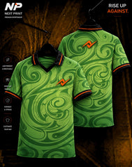 Green abstract swirl sublimation polo sports jersey with front and back view by Next Print